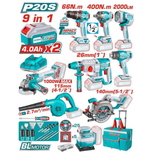ΣΕΤ 9ΤΜΧ ΕΡΓΑΛΕΙΩΝ ΜΠΑΤ.TOTAL 20V/2*4AH+ΦΟΡΤ (1)
